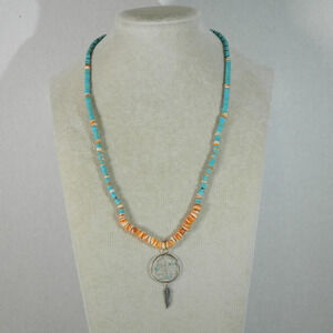 Handmade Artisan Turquoise with spiny oyster beads Dreamcatcher Pendant